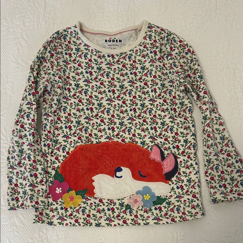 Boden Kids Long Sleeve Floral Fox Tee - Red and Multicolor